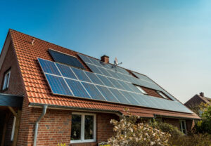 Roof of home with solar panels