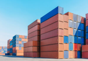 Stacked containers in a shipping yard