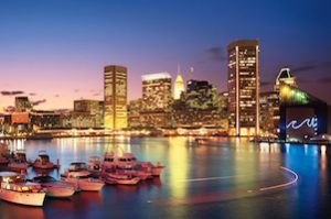 Skyline view of Baltimore at sunset