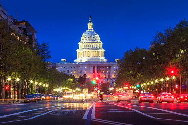 Washington DC Capitol building at night from street