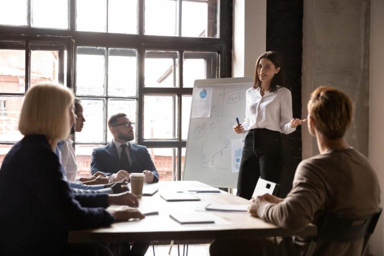 young businesswoman presenting to investors in conference room