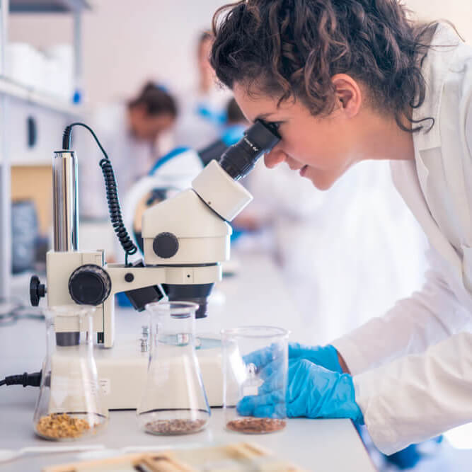 Lab worker looking into microscope in biotech lab