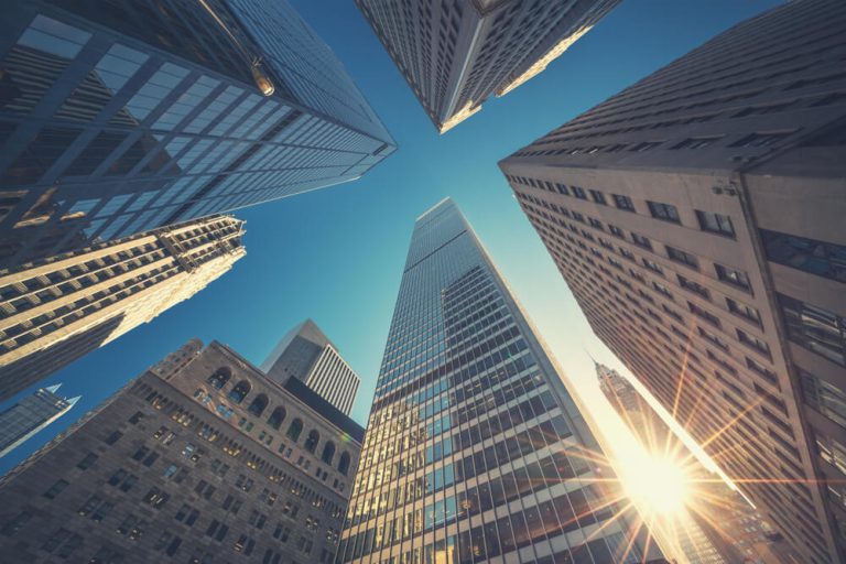 image of city skyscrapers from below