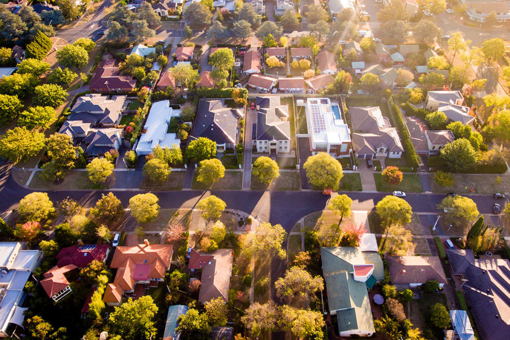 Aerial view of suburban neighborhood