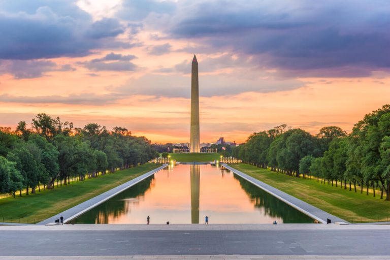 Landscape photo of the Washington Monument across the reflecting pool at sunset