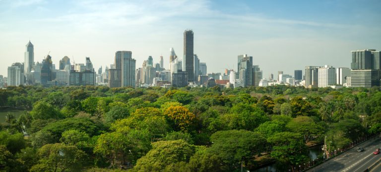 city skyline with trees and greenery in foreground ESG