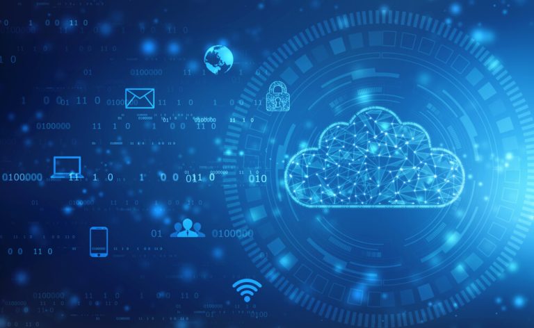 illustration of cloud with tech and computer icons on blue background