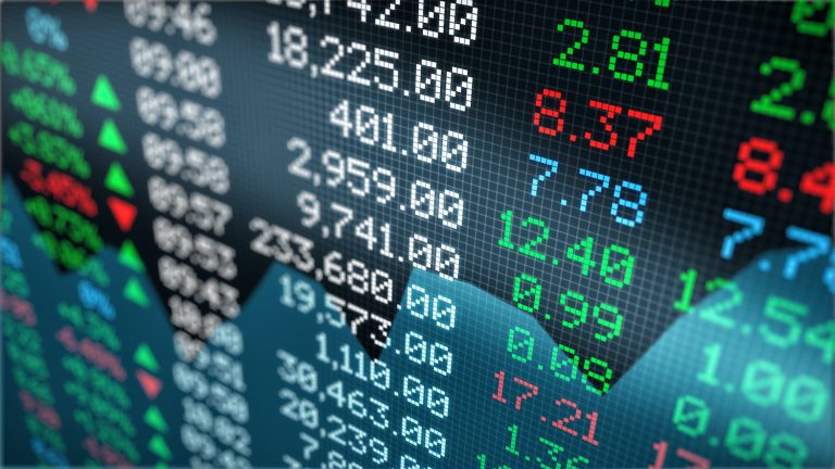 close-up view of a stock market data board