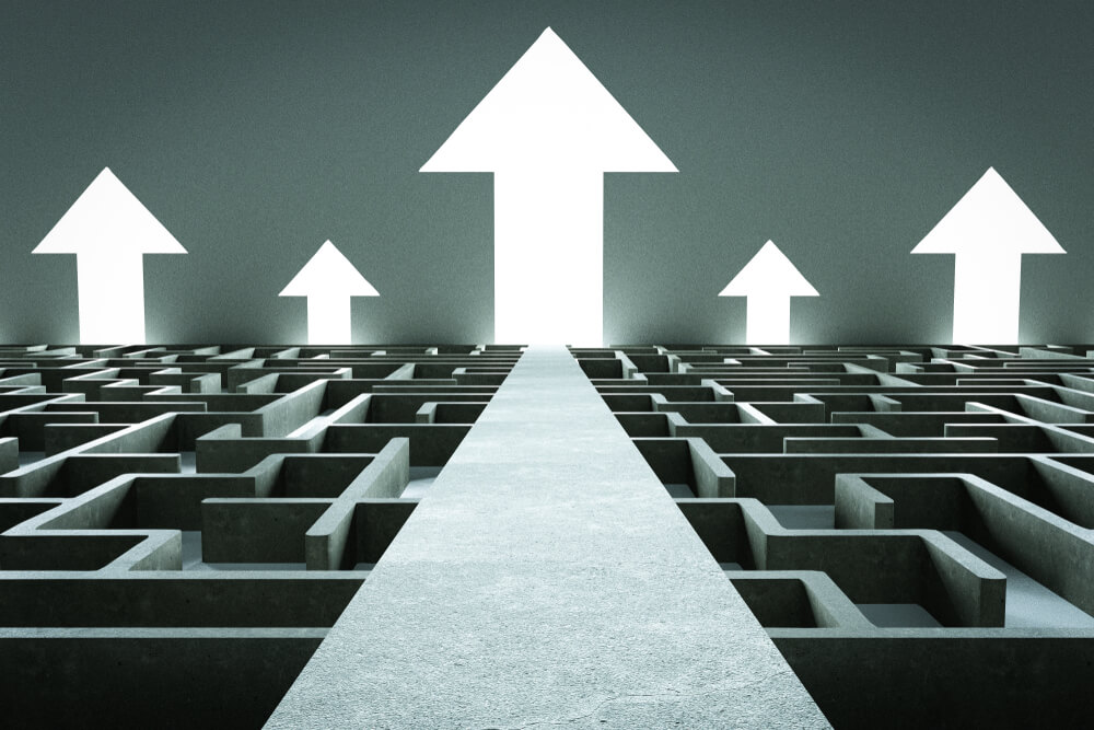 maze with rising arrows signifying PE value creation